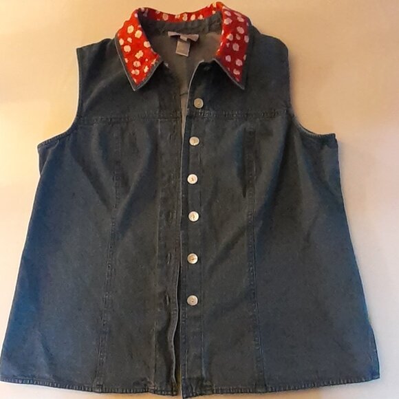 Stonebridge Blue Denim Vest, Sleeveless w/Red Floral Collar, Size 16W - Picture 1 of 9